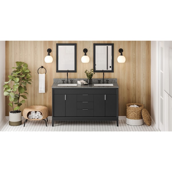 Jeffrey Alexander 60In. Black Theodora Vanity, Dbl Bowl, Boulder Cultured Marble Vanity Top, 2 Undrmnt Rctngl Bowls VKITTHE60BKBOR - main